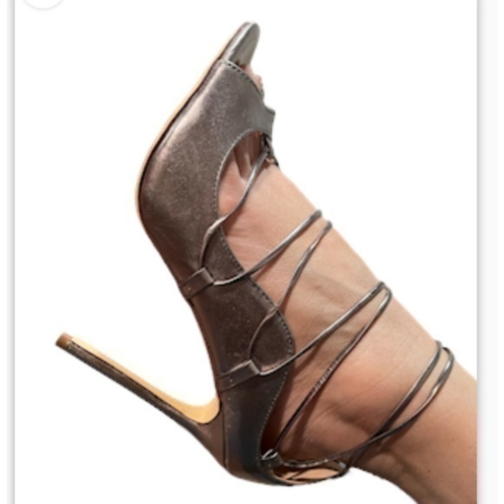 OLIVIA FERGUSON peep toe lace up gladiator heels pewter gray size 9